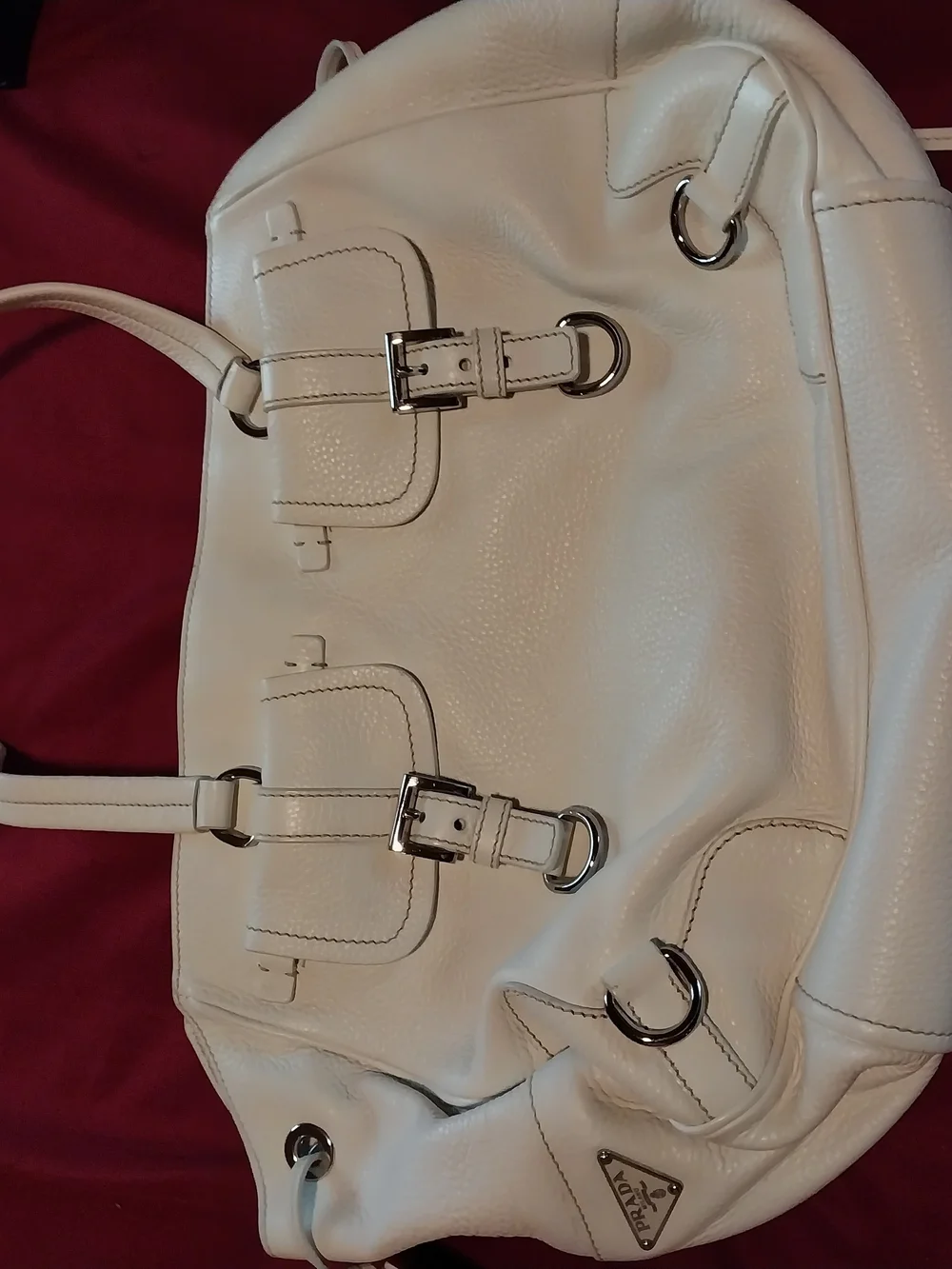 Prada Cream Leather Shoulder Tote with Buckle Flap Pockets